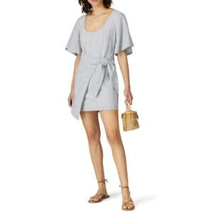 lèRumi Small Jamie Shift Mini Dress Blue Striped Cotton Tie Wrap Flared Sleeves